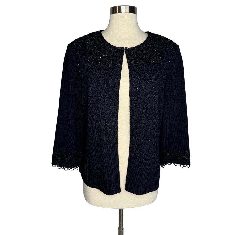 St. John Evening Black Embroidered Rhinestoned Wool Blend‎ Formal Cardigan Sz 14
